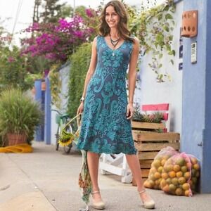 Sundance Cameo Applique Lace Overlay Midi Dress Women Medium Teal Gray Floral